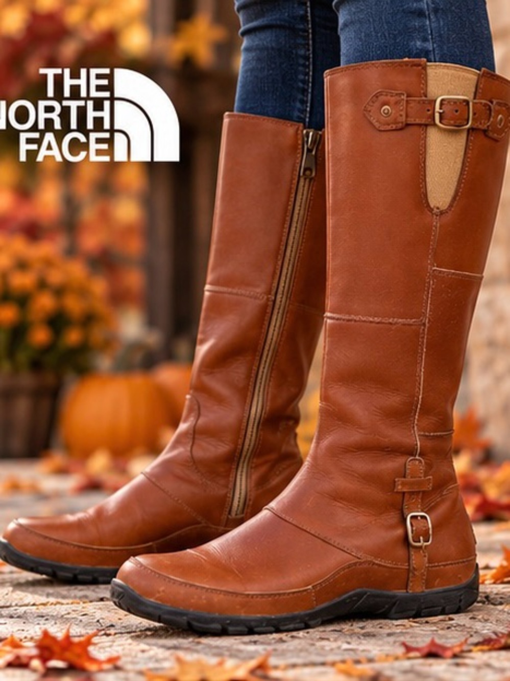 The North Face Tall Leather Riding Boots Cognac Brown Adjustable Calf Size 7.5